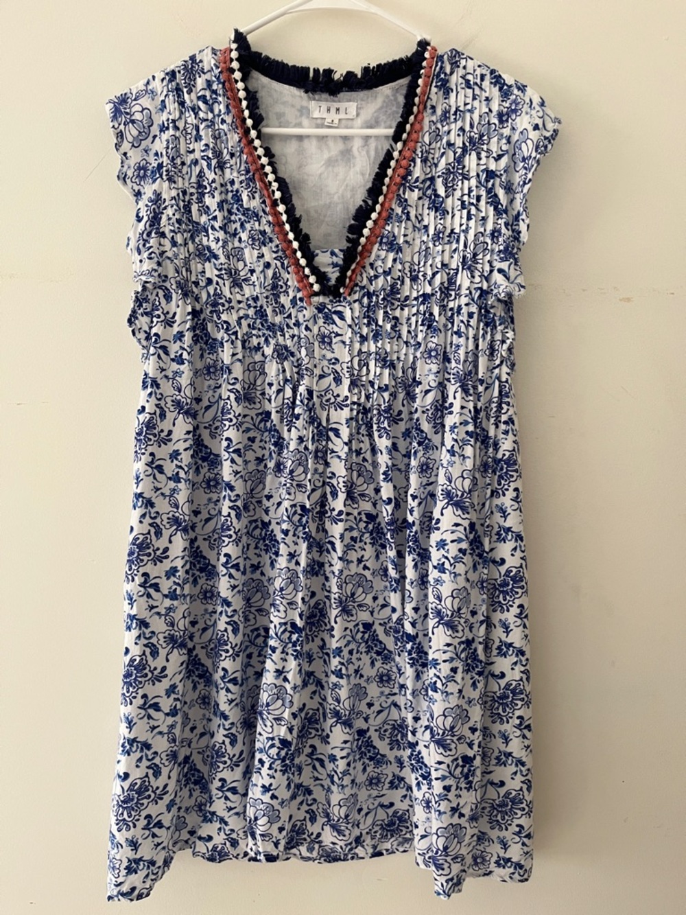 THML blue and White Fringe Trim babydoll dress mini size small cotton